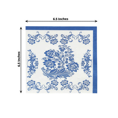 50 Pack 2-Ply Paper Beverage Napkins in White Royal Blue Damask Pattern Disposable Cocktail Napkins - Highly Absorbent