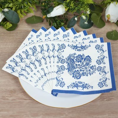 50 Pack 2-Ply Paper Beverage Napkins in White Royal Blue Damask Pattern Disposable Cocktail Napkins - Highly Absorbent