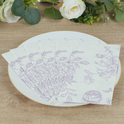 50 Pack 2-Ply Paper Party Napkins in French Toile Floral Pattern Matte Lavender and White Highly Absorbent Soft