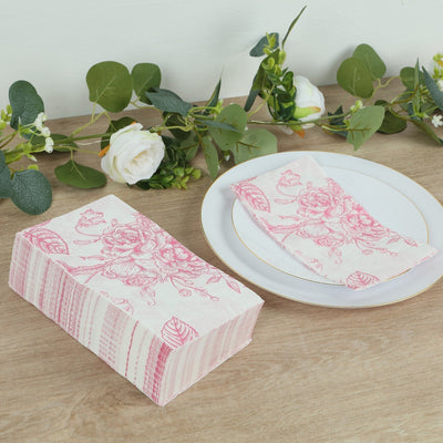 50 Pack 2-Ply Paper Party Napkins in French Toile Floral Pattern Matte Pink and White Highly Absorbent Soft Disposable