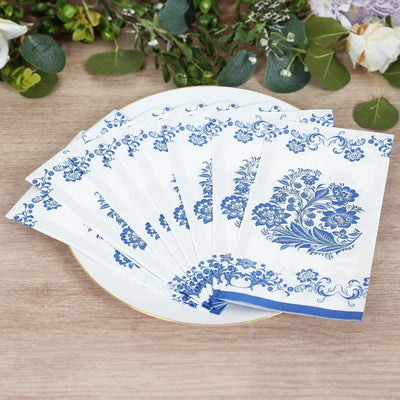 50 Pack 2-Ply Paper Party Napkins in White Royal Blue Damask Floral Pattern Disposable Dinner Napkins - Highly