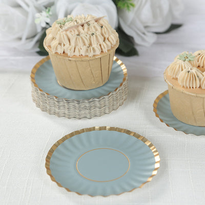 50-Pack Paper 3.5" Round Party Plates in Dusty Blue with Gold Scalloped Rim for Tapas, Appetizers & Finger Foods