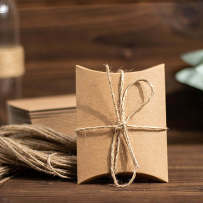 50 Pack 4.5’’x3.5’’ Natural Brown Paper Wedding Favor Pillow Boxes with Burlap Twine Party Gift Boxes - Favor Bags &