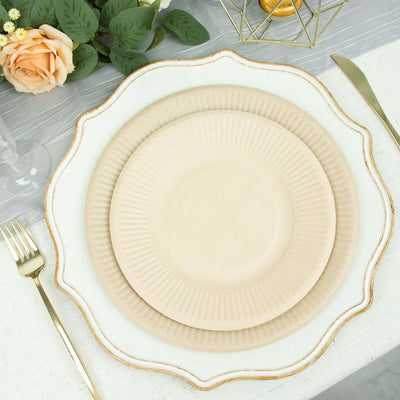 50-Pack Bagasse 8" Round Dessert Plates in Natural with Ribbed Rim
