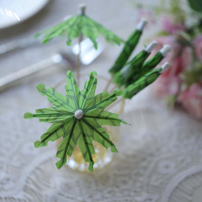 50-Pack Bamboo Cocktail Picks Tropical Leaf Parasol Design Green - Eco Friendly Disposable Drink Stick 6"