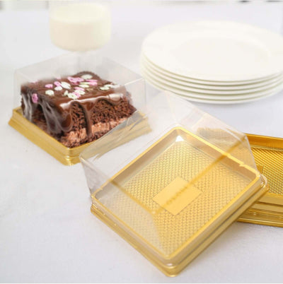 50 Pack Clear Gold Square Mini Plastic Cupcake Party Favor Boxes Muffin Dessert Containers - 4’’x4’’x2.5’’ - Disposables
