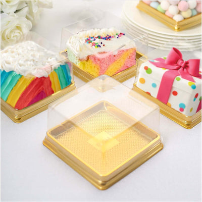 50 Pack Clear Gold Square Mini Plastic Cupcake Party Favor Boxes Muffin Dessert Containers - 4’’x4’’x2.5’’ - Disposables