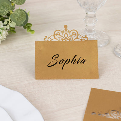 50-Pack Gold Place Cards with Laser Cut Crown Design â€“ Printable Reservation Seating Self Standing Cards - 2’’x4’’