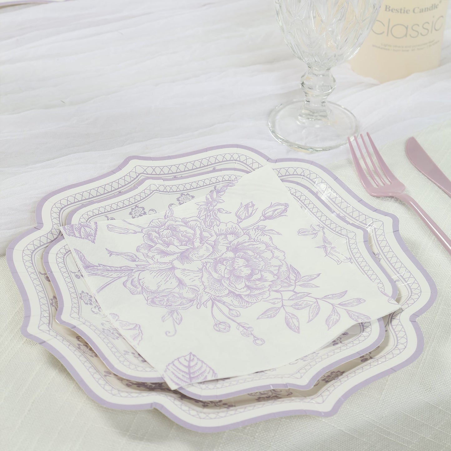 50 Pack 2-Ply Paper Beverage Napkins in Matte Lavender and White French Toile Floral Pattern, Highly Absorbent Soft Disposable Cocktail Napkins