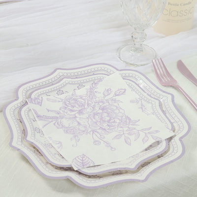 50 Pack 2-Ply Paper Beverage Napkins in Matte Lavender and White French Toile Floral Pattern, Highly Absorbent Soft Disposable Cocktail Napkins