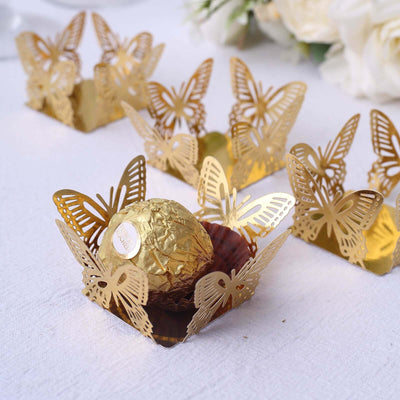 50-Pack Mini Paper Truffle Cup Liners Butterfly Square Design Metallic Gold - 225GSM Cupcake Tray Wrappers 4’’