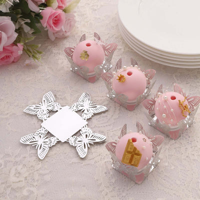 50-Pack Mini Paper Truffle Cup Liners Butterfly Square Design Metallic Silver - 225GSM Cupcake Tray Wrappers 4’’