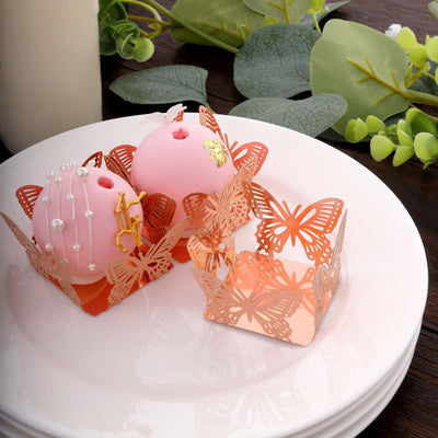 50-Pack Mini Paper Truffle Cup Liners Butterfly Square Design Metallic Rose Gold - 225GSM Cupcake Tray Wrappers 4’’