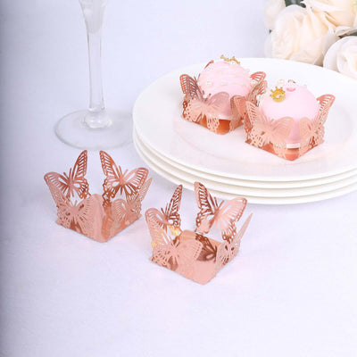 50-Pack Mini Paper Truffle Cup Liners Butterfly Square Design Metallic Rose Gold - 225GSM Cupcake Tray Wrappers 4’’