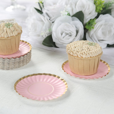 50-Pack Paper 3.5’’ Round Party Plates in Blush with Gold Scalloped Rim - Disposable Mini 250GSM Dessert Plates