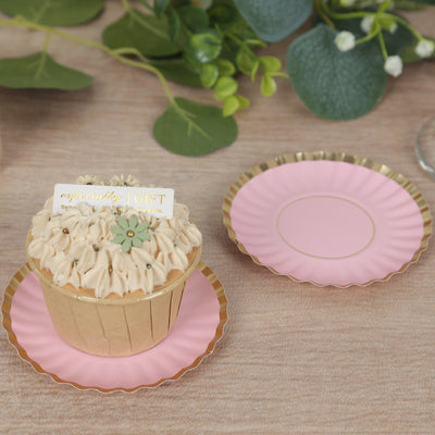 50-Pack Paper 3.5’’ Round Party Plates in Blush with Gold Scalloped Rim - Disposable Mini 250GSM Dessert Plates
