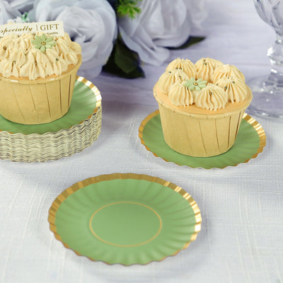 50-Pack Paper 3.5’’ Round Party Plates in Dusty Sage Green with Gold Scalloped Rim for Tapas Appetizers & Finger Foods