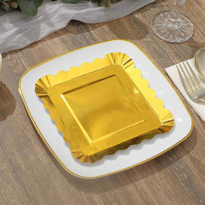 50-Pack Paper 5’’ Square Dessert Plates in Gold Foil with Scalloped Rim - Disposable Appetizer Plates for for Glam