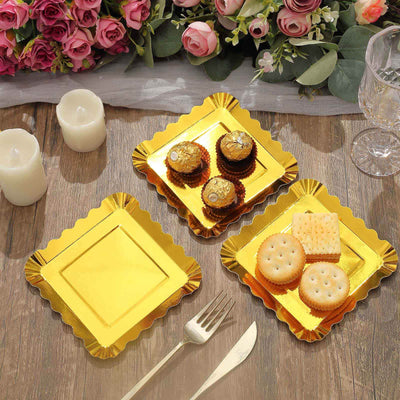 50-Pack Paper 5’’ Square Dessert Plates in Gold Foil with Scalloped Rim - Disposable Appetizer Plates for for Glam