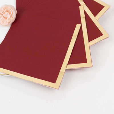 50-Pack Paper Beverage Napkins Burgundy with Gold Foil Edge - 2 Ply Disposable Soft 18GSM Cocktail Napkins 5’’x5’’