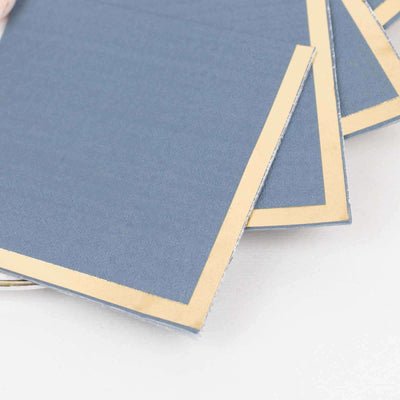 50-Pack Paper Beverage Napkins Dusty Blue with Gold Foil Edge - 2 Ply Disposable Soft 18GSM Cocktail Napkins 5’’x5’’