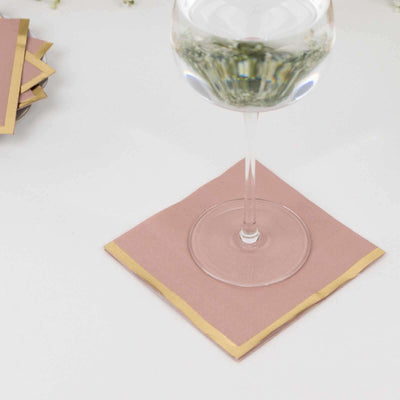 50-Pack Paper Beverage Napkins Dusty Rose with Gold Foil Edge - 2 Ply Disposable Soft 18GSM Cocktail Napkins 5’’x5’’