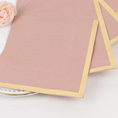 50-Pack Paper Beverage Napkins Dusty Rose with Gold Foil Edge - 2 Ply Disposable Soft 18GSM Cocktail Napkins 5’’x5’’