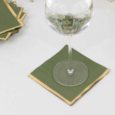 50-Pack Paper Beverage Napkins Dusty Sage Green with Gold Foil Edge - 2 Ply Disposable Soft 18GSM Cocktail Napkins