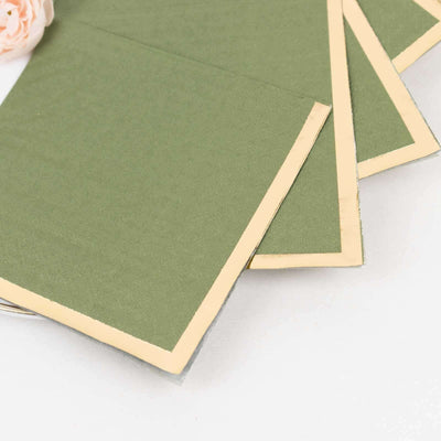50-Pack Paper Beverage Napkins Dusty Sage Green with Gold Foil Edge - 2 Ply Disposable Soft 18GSM Cocktail Napkins