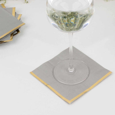50-Pack Paper Beverage Napkins Gray with Gold Foil Edge - 2 Ply Disposable Soft 18GSM Cocktail Napkins 5’’x5’’ - Napkins