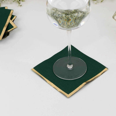 50-Pack Paper Beverage Napkins Hunter Emerald Green with Gold Foil Edge - 2 Ply Disposable Soft 18GSM Cocktail Napkins