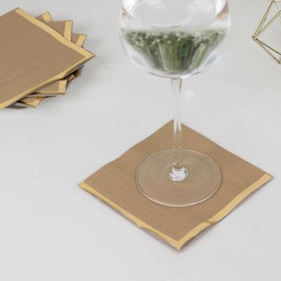 50-Pack Paper Beverage Napkins Natural with Gold Foil Edge - 2 Ply Disposable Soft 18GSM Cocktail Napkins 5’’x5’’