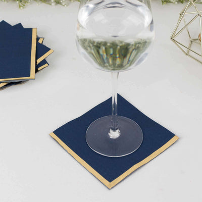 50-Pack Paper Beverage Napkins Navy Blue with Gold Foil Edge - 2 Ply Disposable Soft 18GSM Cocktail Napkins 5’’x5’’