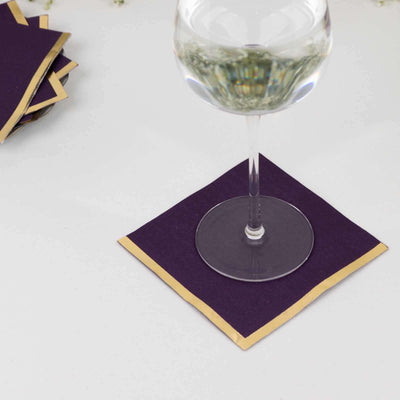 50-Pack Paper Beverage Napkins Purple with Gold Foil Edge - 2 Ply Disposable Soft 18GSM Cocktail Napkins 5’’x5’’
