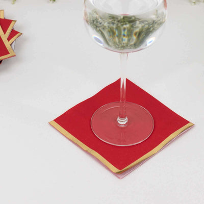50-Pack Paper Beverage Napkins Red with Gold Foil Edge - 2 Ply Disposable Soft 18GSM Cocktail Napkins 5’’x5’’ - Napkins