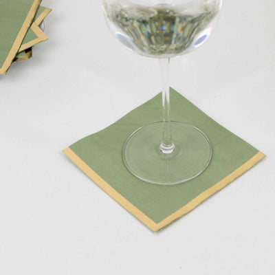 50-Pack Paper Beverage Napkins Sage Green with Gold Foil Edge - 2 Ply Disposable Soft 18GSM Cocktail Napkins 5’’x5’’