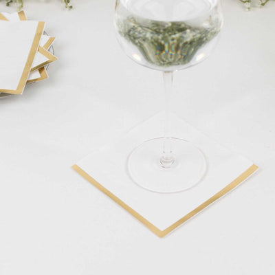 50-Pack Paper Beverage Napkins White with Gold Foil Edge - 2 Ply Disposable Soft 18GSM Cocktail Napkins for Events
