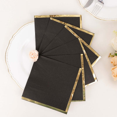 50-Pack Paper Beverage Napkins with Gold Foil Edge Black - Disposable 2 Ply Cocktail Napkins for Events 6.5’’x6.5’’