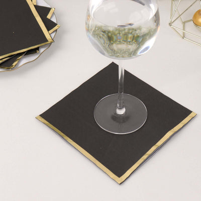 50-Pack Paper Beverage Napkins with Gold Foil Edge Black - Disposable 2 Ply Cocktail Napkins for Events 6.5’’x6.5’’