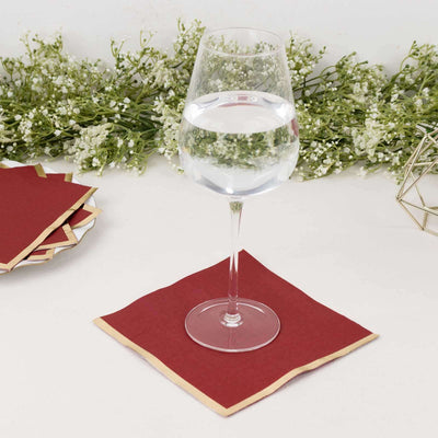 50-Pack Paper Beverage Napkins with Gold Foil Edge Burgundy - Disposable 2 Ply Cocktail Napkins for Events 6.5’’x6.5’’