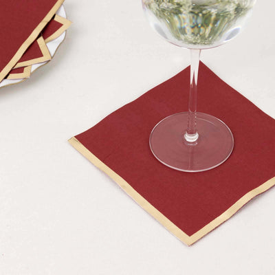50-Pack Paper Beverage Napkins with Gold Foil Edge Burgundy - Disposable 2 Ply Cocktail Napkins for Events 6.5’’x6.5’’