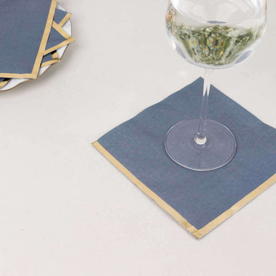 50-Pack Paper Beverage Napkins with Gold Foil Edge Dusty Blue - Disposable 2 Ply Cocktail Napkins for Events