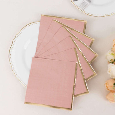 50-Pack Paper Beverage Napkins with Gold Foil Edge Dusty Rose - Disposable 2 Ply Cocktail Napkins for Events