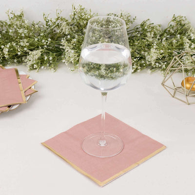 50-Pack Paper Beverage Napkins with Gold Foil Edge Dusty Rose - Disposable 2 Ply Cocktail Napkins for Events