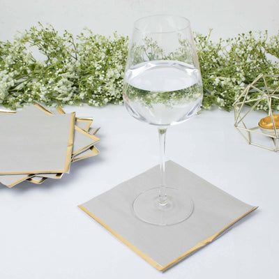 50-Pack Paper Beverage Napkins with Gold Foil Edge Gray - Disposable 2 Ply Cocktail Napkins for Events 6.5’’x6.5’’