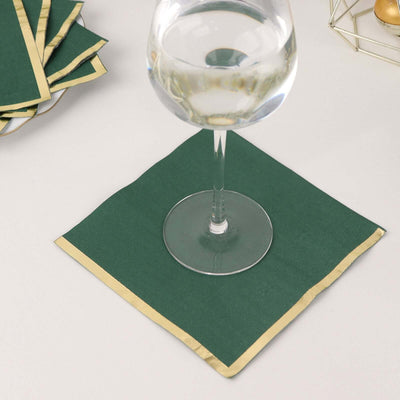 50-Pack Paper Beverage Napkins with Gold Foil Edge Hunter Emerald Green - Disposable 2 Ply Cocktail Napkins for Events