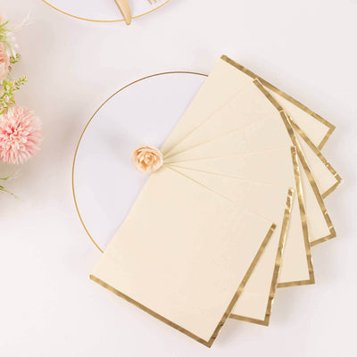 50-Pack Paper Beverage Napkins with Gold Foil Edge Ivory - Disposable 2 Ply Cocktail Napkins for Events 6.5’’x6.5’’