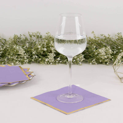 50-Pack Paper Beverage Napkins with Gold Foil Edge Lavender - Disposable 2 Ply Cocktail Napkins for Events 6.5’’x6.5’’