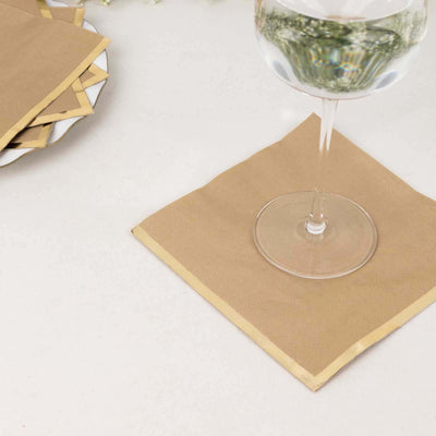 50-Pack Paper Beverage Napkins with Gold Foil Edge Natural - Disposable 2 Ply Cocktail Napkins for Events 6.5’’x6.5’’