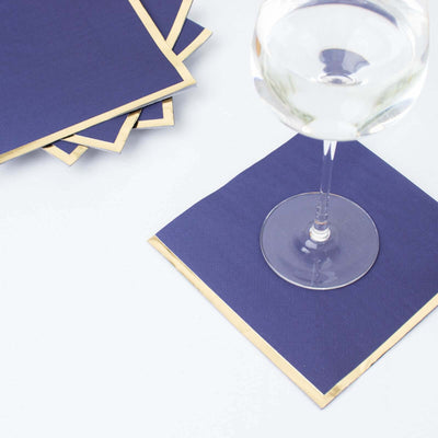 50-Pack Paper Beverage Napkins with Gold Foil Edge Navy Blue - Disposable 2 Ply Cocktail Napkins for Events 6.5’’x6.5’’